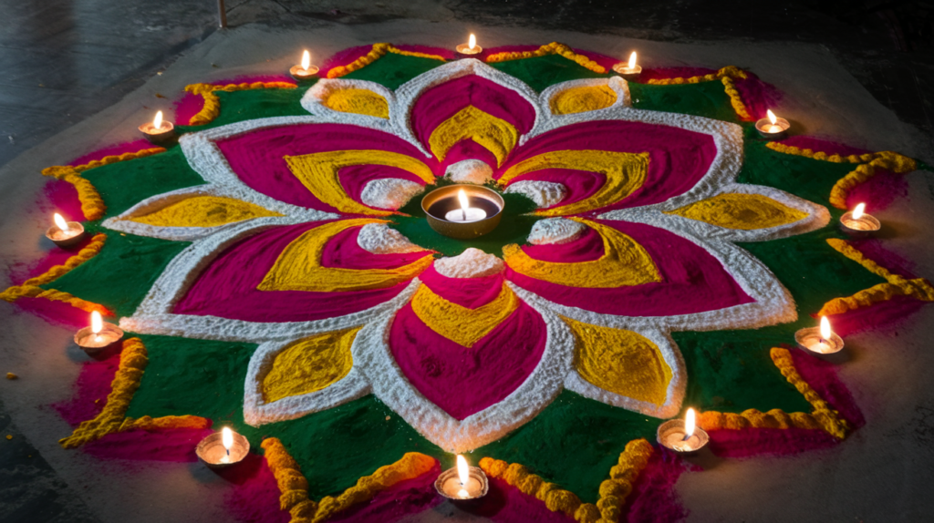 Beautiful Rangoli surrounded by diyas and one in the centre.