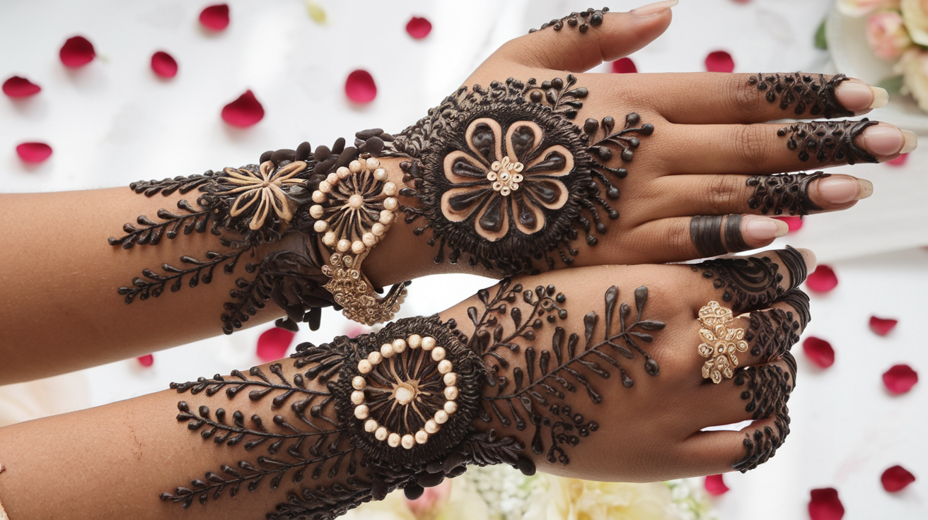 New pattern of mehendi design with flower structures.