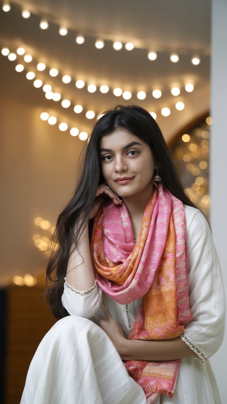 A girl wearing pink and orange scarf with a while kurta and enhance the beauty with the silver dropped earrings.