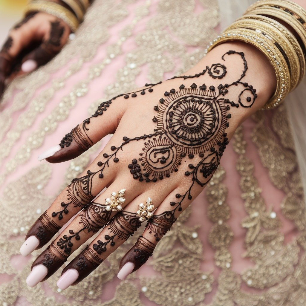 A simple design touch of mandala pattern on the back of the hand for girls.