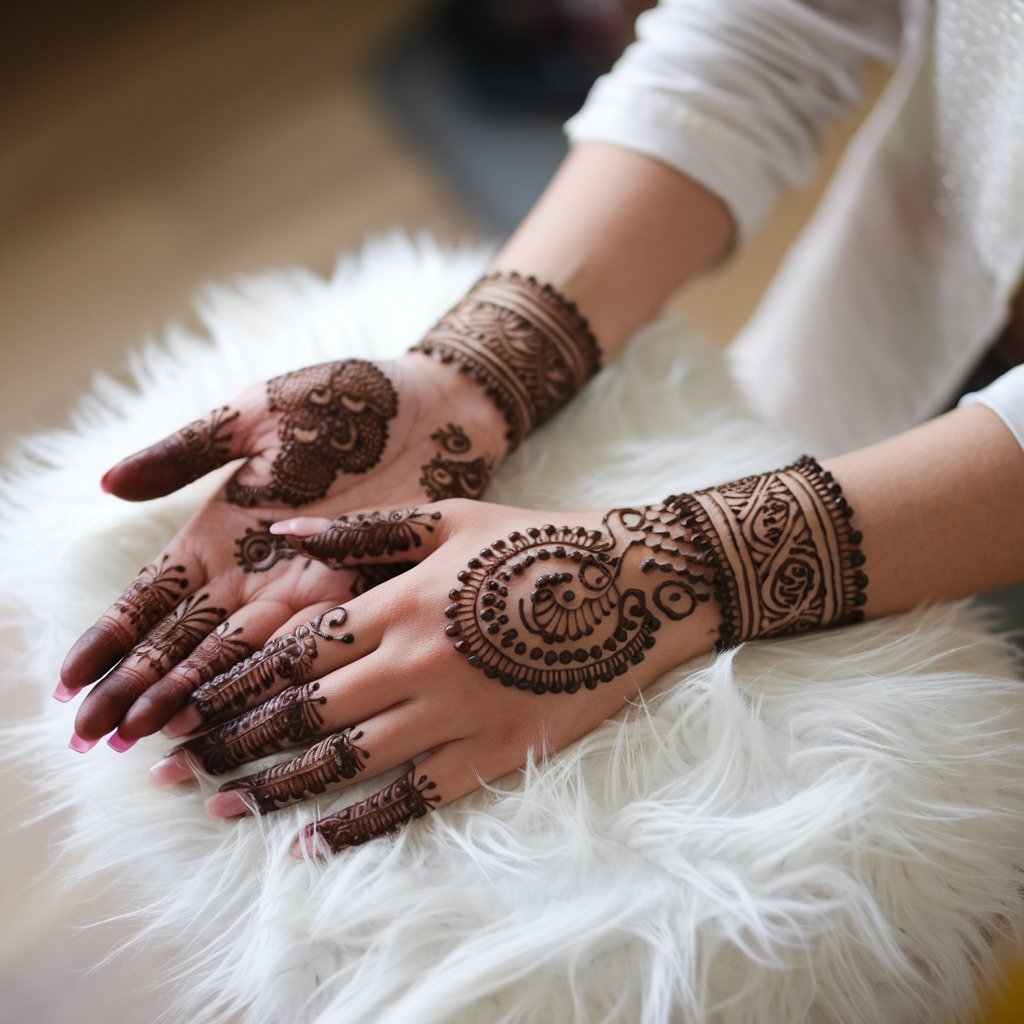 A beautifully detailed circular mandala pattern on the hands.