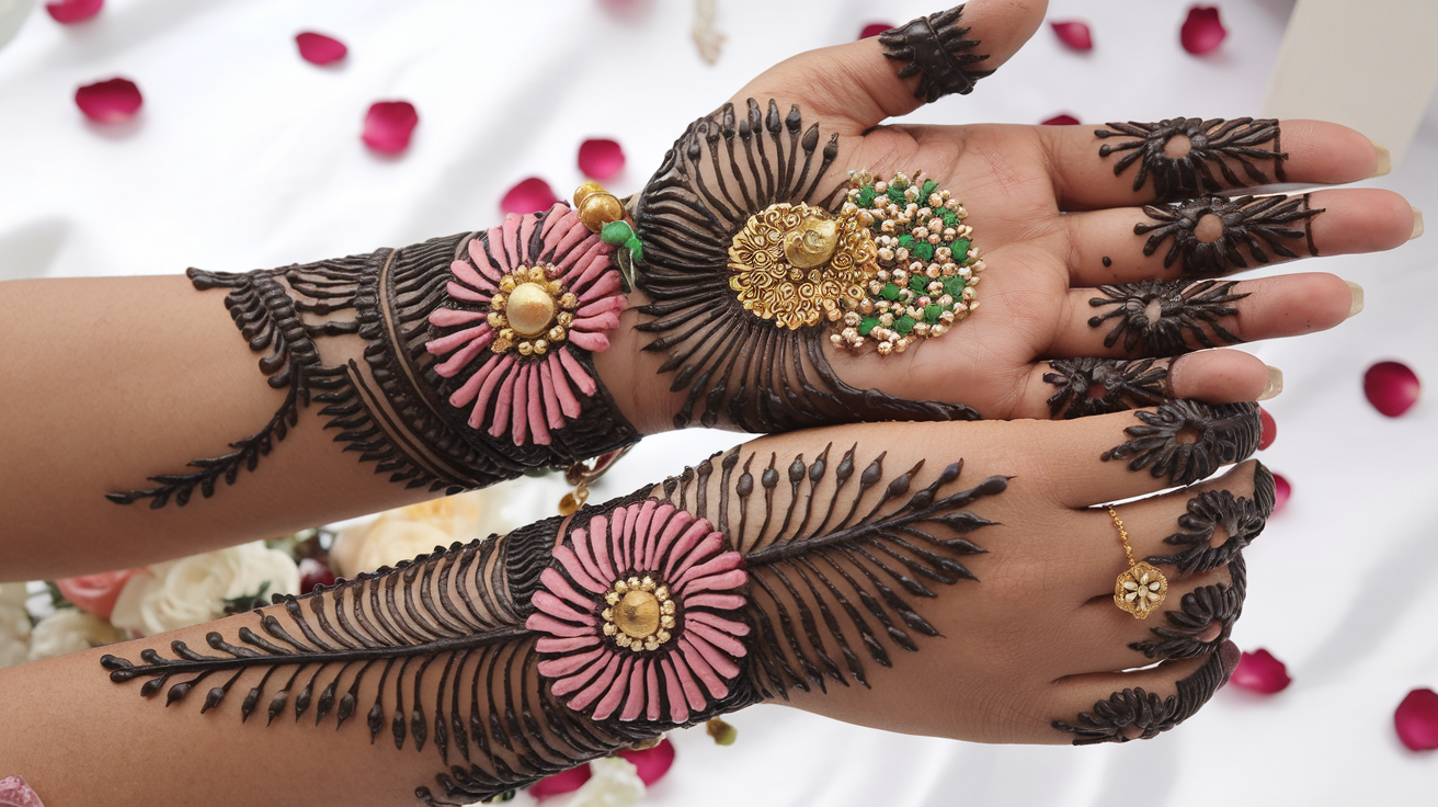 A new pattern and design of mehendi with metal and flower petals.