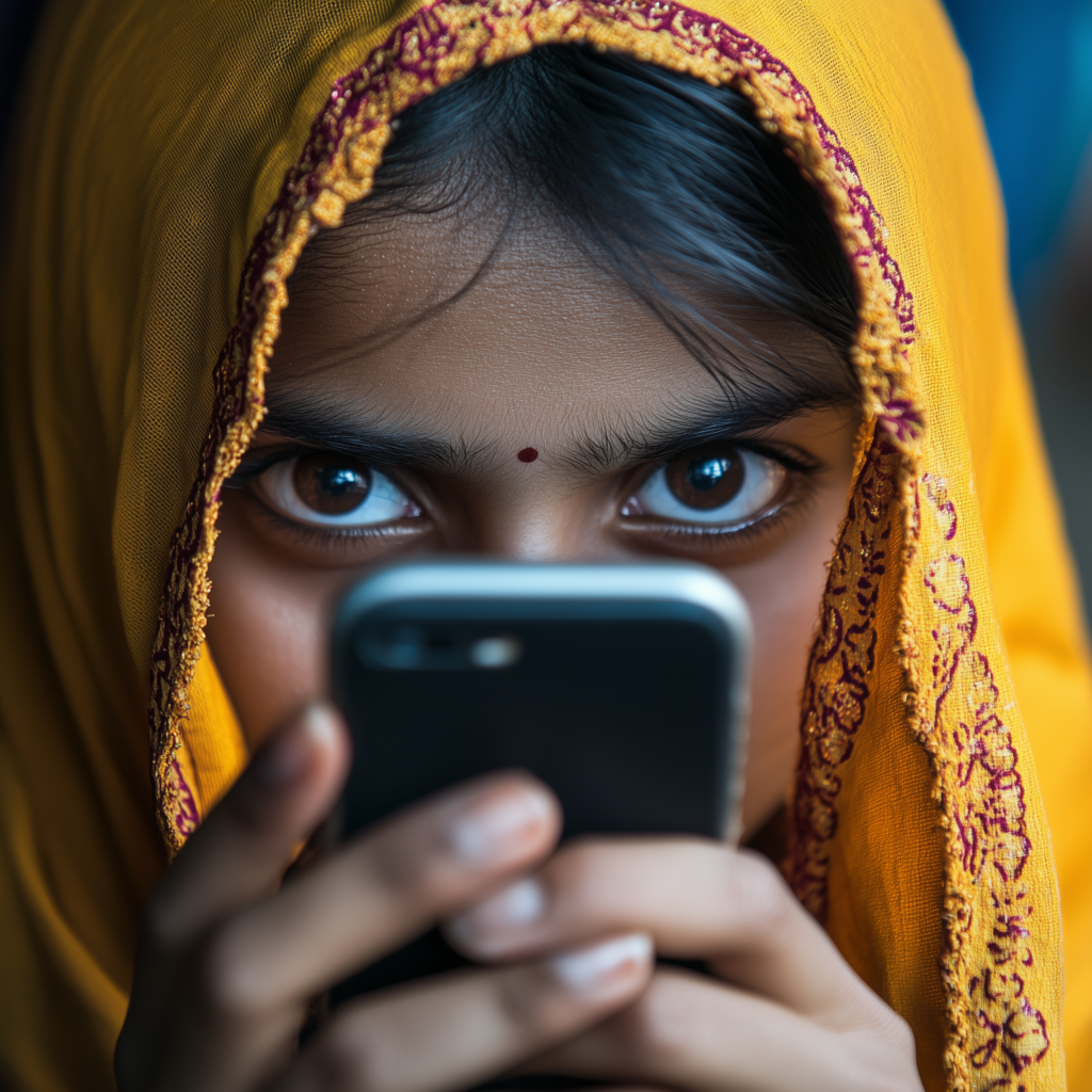 India hidden face by mobile phone in Indian tradition attire.